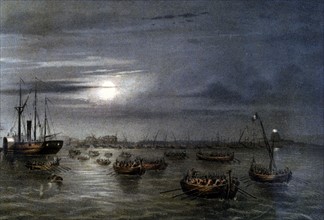 Départ nocturne de la flotte des garibaldins du port de Messine