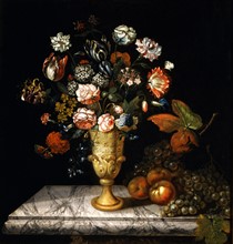 Astruc de Vissec, Fleurs dans un vase précieux sur une table de marbre