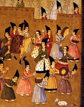 L'arrivée au sérail : cortège princier avec musiciens et concubines (détail)