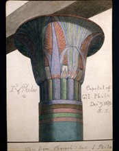 Painted capital of the Philae temple designed by Frederick Stibbert