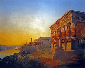 Coucher de soleil sur le Nil, avec temple égyptien
