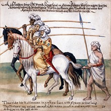 Guerriers nomades à cheval avec leur lance