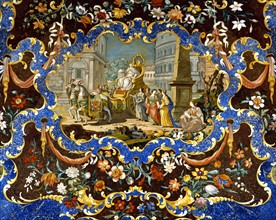 Table top in hard stone marquetry adorned with the "Triumph of Europe and the Four Seasons".