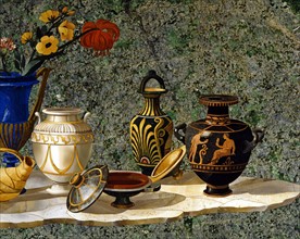 Table top in hard stone marquetry decorated with a composition of antique vases