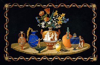 Plateau de table en marqueterie de pierres dures à décor de vases antiques