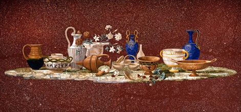 Table top in porphyry and inlaid with hard stones decorated with a composition of antique vases