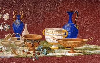Plateau de table en porphyre et marqueterie de pierres dures orné d'une composition de vases antiques
