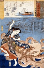 Utagawa Kuniyoshi, "Tamatori prenant le joyau sacré, est attaquée par une pieuvre géante"