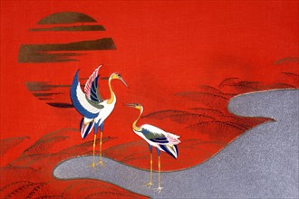 Kamisaka Sekka, "Oiseaux au coucher du soleil sur le lac"