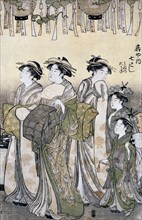 Katsukawa Shuncho, La courtisane Nanakoshi de la maison de thé Ogiya entourée par ses dames