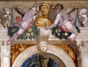 Giovanni Battista Zelotti, Petits amours et buste d'heros entre masques et guirlandes de fruits