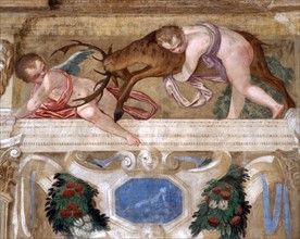 Giovanni Battista Zelotti, Petits amours avec un cerf et des guirlandes de fleurs