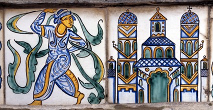 Majolica, Arab dancer, and the great churches of Christianity.