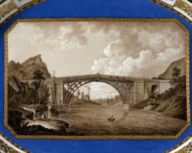 Vienna. Tray. View of the Coalbrookdale Iron Bridge in the Count of Salop in England (detail)