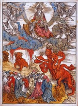 Albrecht Dürer. La bête à sept têtes qui opérait de grands prodiges, comme la pluie du ciel. Le grand dragon sorti de la mer, obligeant l'humanité à adorer la Bête à sept têtes