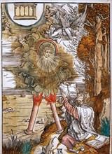Albrecht Dürer. L'ange puissant qui descend du ciel, et donne le livre de l'Apocalypse à Saint- Jean, et le supplie de ne pas révéler ce qu'ils ont dit les sept tonnerres