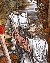 Albrecht Dürer. L'ange puissant qui descend du ciel, et donne le livre de l'Apocalypse à Saint- Jean, et le supplie de ne pas révéler ce qu'ils ont dit les sept tonnerres (détail)