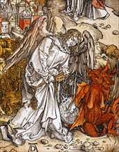 Albrecht Dürer. L'ange descend du ciel avec les clés des abysses, et piège le démon, qui restera enfermé pendant mille ans (détail)