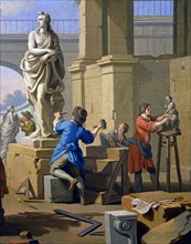 Zocchi, The Arts: Sculpture. Sculptors at work with their tools. Detail.