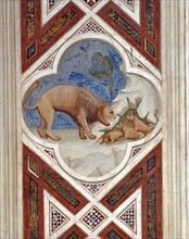 Giotto, Panneau décoré : lionne avec ses petits. Allégorie de la Résurrection.
