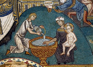 Le bain de l'Enfant Jésus. Mosaïque de la chapelle palatine de Palerme