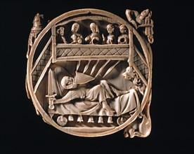 Valve de miroir représentant le chevalier Gauvain sur le lit magique