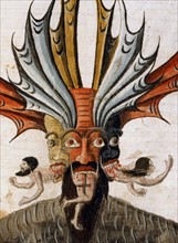 "La Divine Comédie", l'Enfer : Dante et Virgile face à Lucifer dévorant les trois traîtres de l'Eglise et de l'Empire
