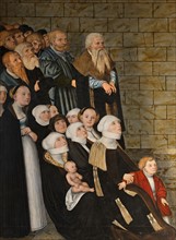 Cranach l'Ancien, Retable de la Réforme, détail du panneau inférieur : Fidèles écoutant les sermons de Martin Luther