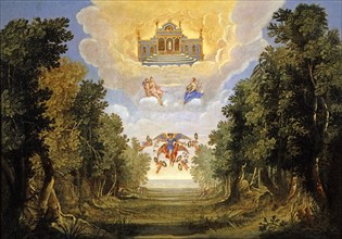 Décor de l'opéra "La Vénus jalouse" : Vénus et Clio dans les nuages, devant le palais de Vénus brillant de joie