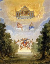 Décor de l'opéra "La Vénus jalouse" : Vénus et Clio dans les nuages, devant le palais de Vénus brillant de joie (détail)