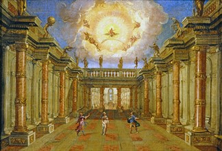 Décor de l'opéra "La Vénus jalouse" : La cour du palais royal de Naxos, Jupiter dans le Ciel