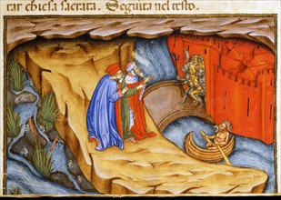 "La Divine Comédie", L'Enfer : Dante et Virgile accompagnés par le démon Phlégias à la porte de la cité de Dité défendue par les démons