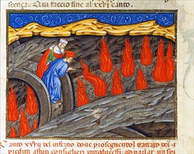 "La Divine Comédie", L'Enfer : Dante et Virgile parlent avec Ulysse condamné à brûler éternellement, depuis le pont de la 8e bolge dédiée aux conseillers frauduleux