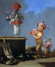 Giulio Carpioni, Petit faune avec un masque, une nature morte et deux vases de fleurs