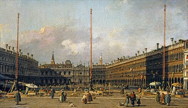 Canaletto, Venise : La place Saint-Marc, vue ouest, avec le campanile à gauche et les tentes démontées avec mâts, et nombreux personnages