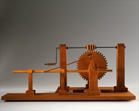 Machine à vis sans fin et pignon à engrenage hélicoïdal, réalisée d'après un dessin de Léonard de Vinci