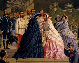 Arrivée d'Elisabeth et François-Joseph 1er d'Autriche à Miramare, accueillis par Maximilien et Carlotta du Mexique (détail)