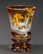 Yellow Bohemian glass, engraved with hunt scene