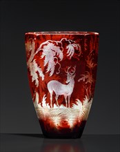 Small red Bohemian glass, engraved with hunt scene