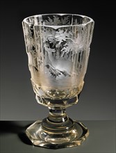 White stemmed Bohemian glass, engraved with hunt scene