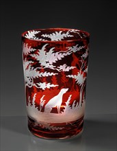 Red Bohemian glass, engraved with hunt scene