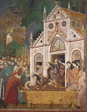 Giotto, Le cortège funéraire s’arrête devant l’église San Damiano et sainte Claire se lamente sur le corps de saint François