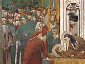 Giotto, Le cortège funéraire s’arrête devant l’église San Damiano et sainte Claire se lamente sur le corps de saint François (détail)