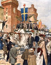 La fête des étudiants de première année à Ferrare, le cortège d'étudiants traverse la ville (1901)