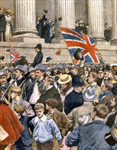 L'arrivée triomphale à l'hôtel de ville de Londres du corps des volontaires de la ville lors de la guerre du Transvaal, le 29 octobre 1900