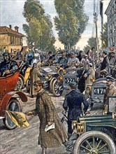 La course automobile internationale d'endurance pour la Coppa d'Oro, au départ de Rogoredo (Milan) (1906)