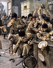 Triste retour au pays. Les soldats russes reviennent de Mandchourie affamés et prennent d'assaut les restaurants de la gare (1906)
