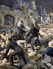 Le tremblement de terre du 23 octobre 1907 en Calabre, les soldats à la recherche des corps des habitants enterrés sous les ruines de Ferruzzano