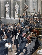 Les députés tchèques au Parlement autrichien utilisent des trompettes, des sifflets, des cloches et des bâtons pour s'opposer aux Allemands (1909)