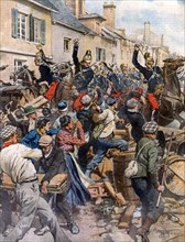 Révolte des vignerons de la Champagne. Les barricades de tonneaux sont brisées par les forces armées (1911)